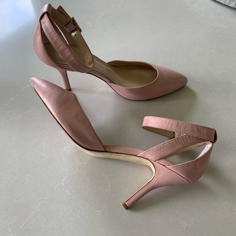 Blush leather ankle strap pumps